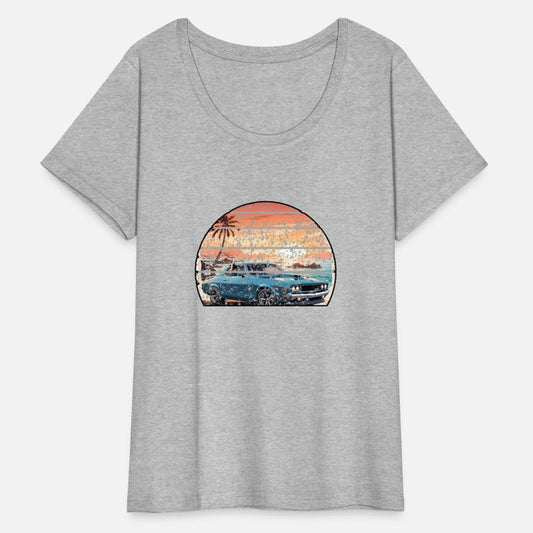 A muscle car cruisingon a coastal road.