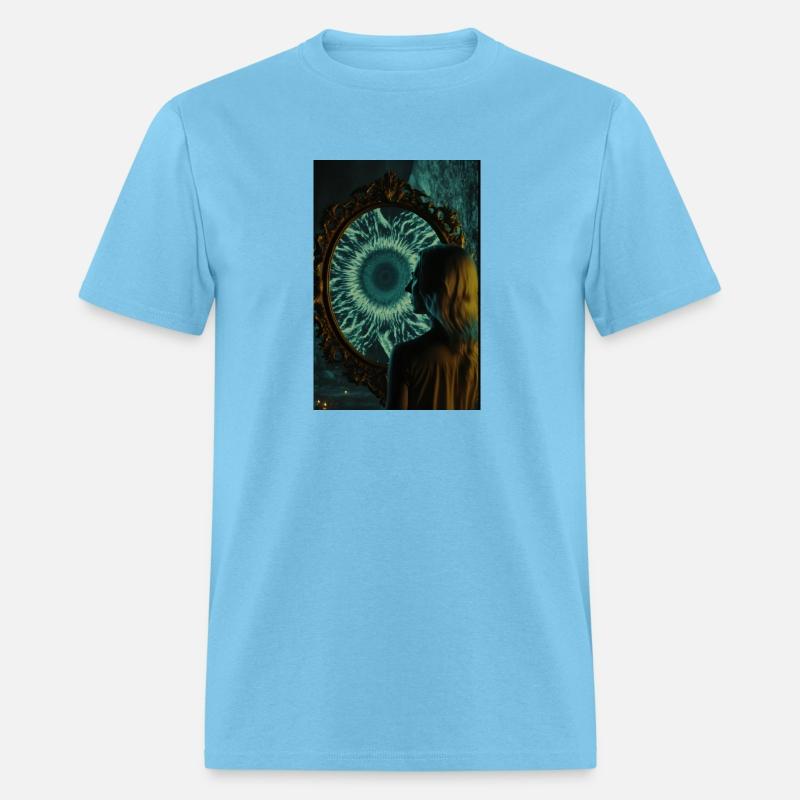 A woman standing in front of a large mirror