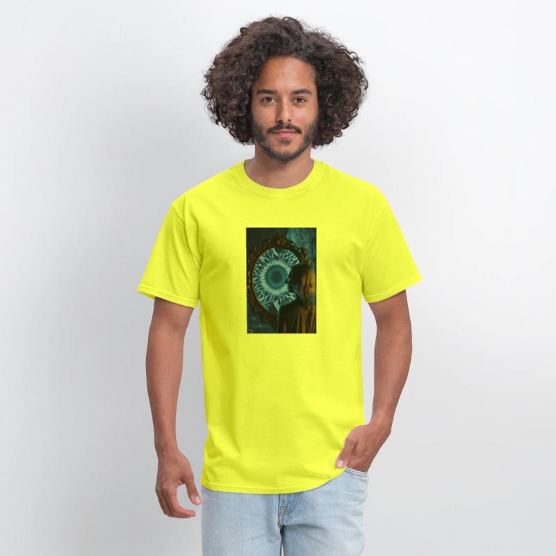 A woman standing in front of a large mirror