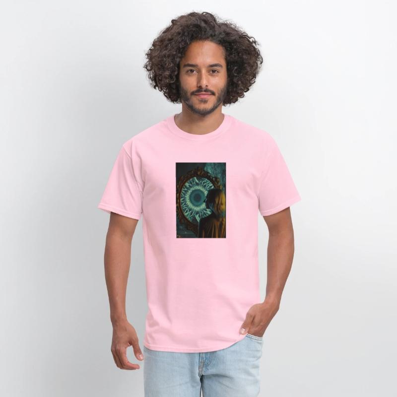 A woman standing in front of a large mirror